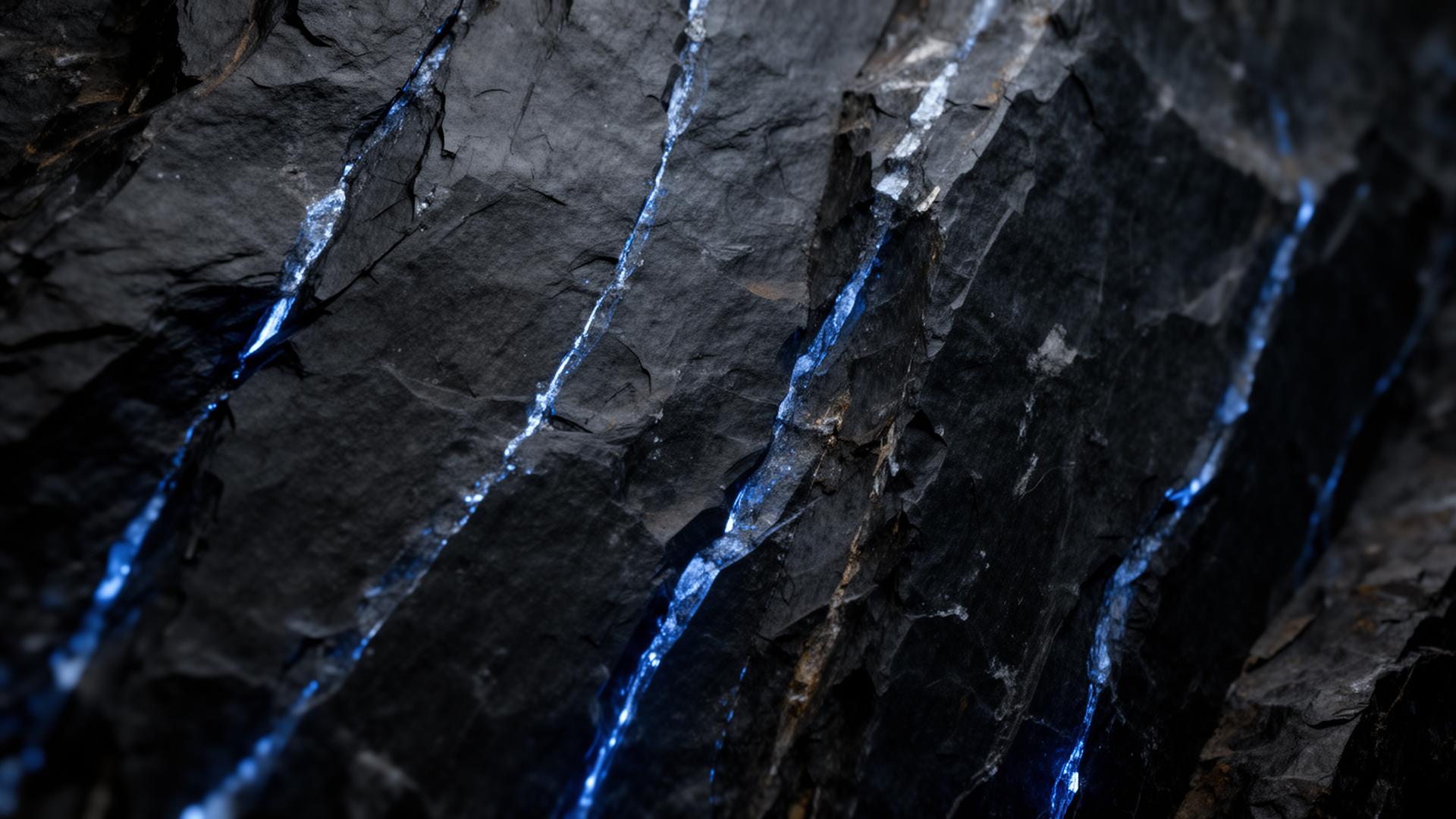 Dark slate rock face with mineral veins